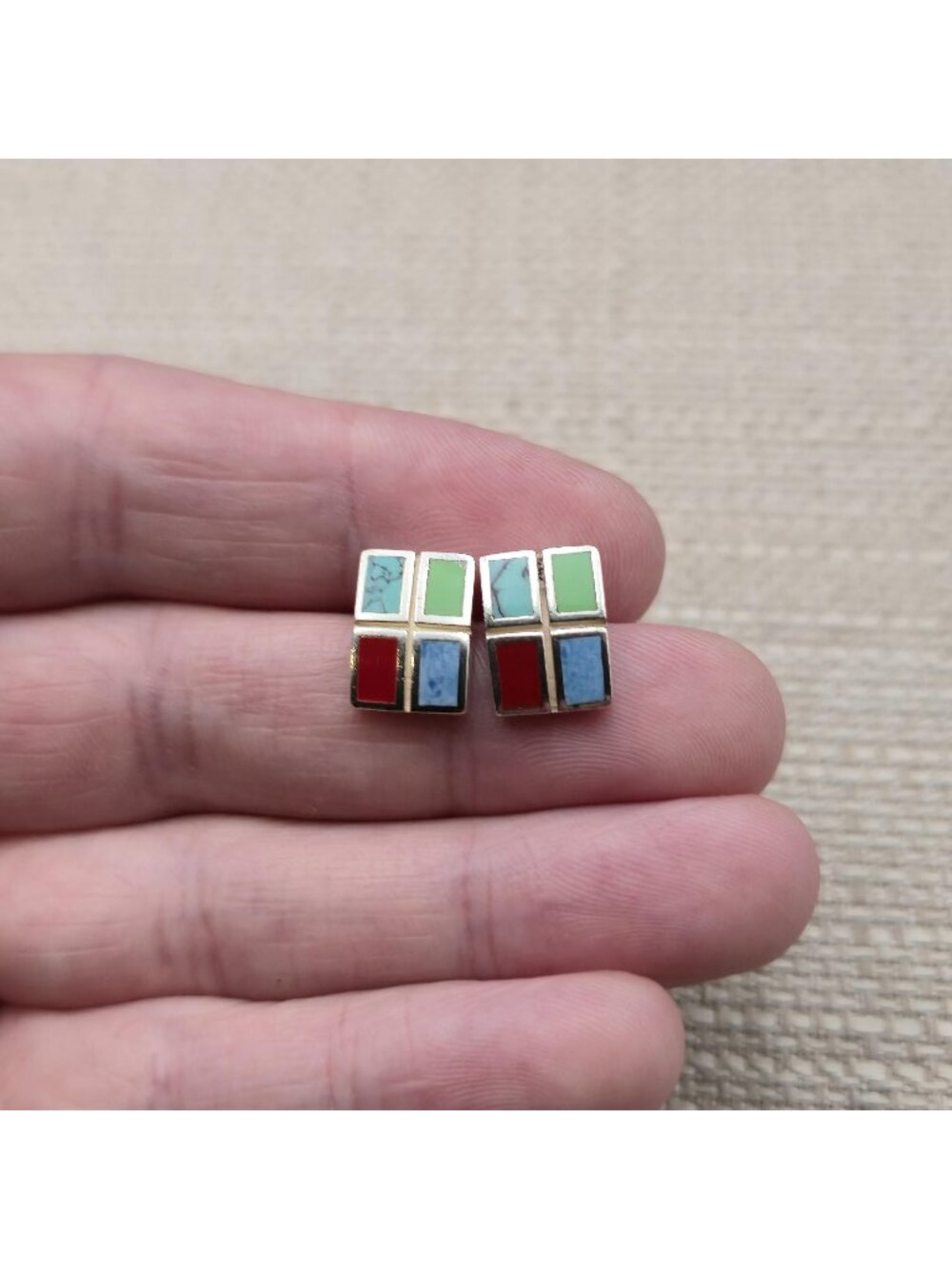 Sterling Silver Multi-Gemstone Mosaic Inlay Grid Stud Earrings A8784